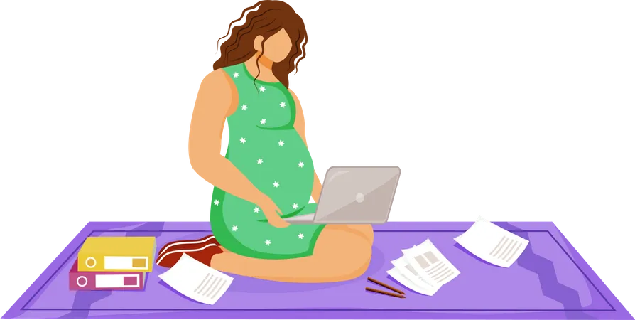 Mujer independiente embarazada con computadora portátil haciendo su trabajo  Ilustración