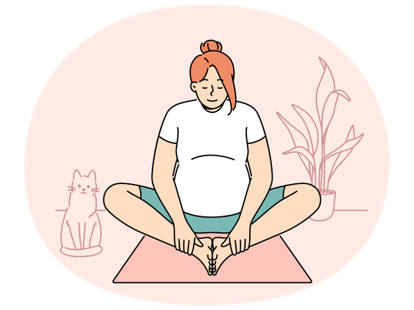 Mujer embarazada haciendo ejercicios matutinos sentada en colchonetas de yoga en el apartamento  Ilustración