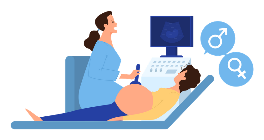 Mujer embarazada realizando un procedimiento de ultrasonido en el hospital ginecólogo  Ilustración