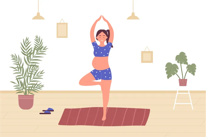 Mujer embarazada haciendo yoga  Ilustración