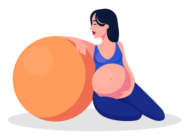 Mujer embarazada haciendo yoga con pelota  Ilustración