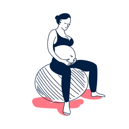 Mujer embarazada haciendo yoga con pelota  Ilustración