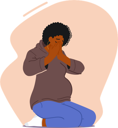 Mujer embarazada llorando sentada en el suelo  Ilustración