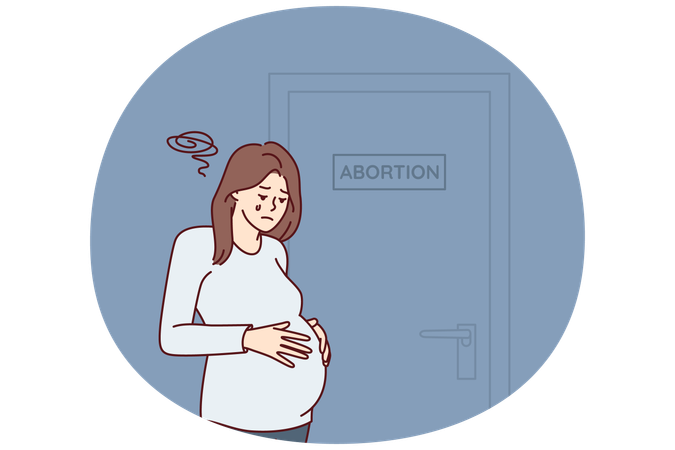 Mujer embarazada molesta cerca de la puerta con un cartel de aborto después de tomar una decisión difícil  Ilustración
