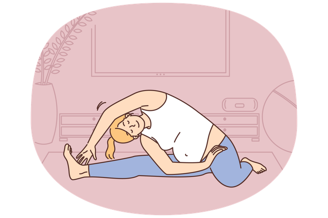 Mujer embarazada practica yoga en casa  Ilustración