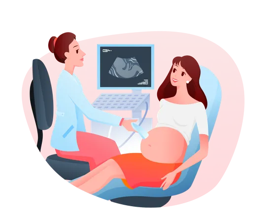 Mujer embarazada que visita al médico para un examen de ecografía  Ilustración