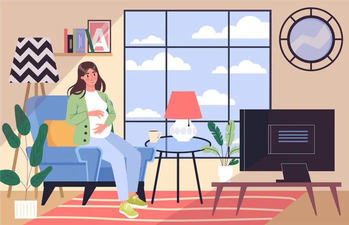 Mujer embarazada sentada en casa  Ilustración