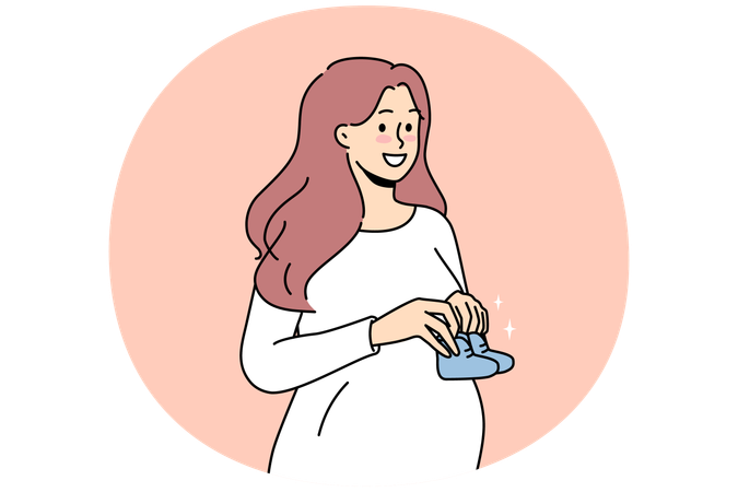Mujer embarazada sonriente con zapatos de bebé  Ilustración