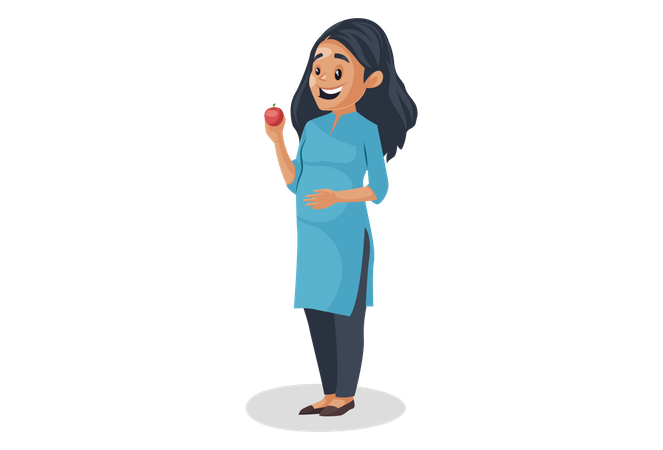 Mujer embarazada sosteniendo una manzana en su mano  Ilustración
