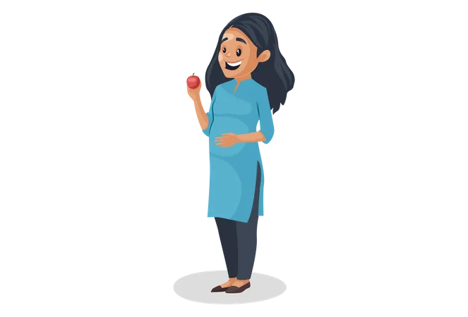 Mujer embarazada sosteniendo una manzana en su mano  Ilustración