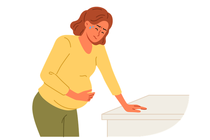 Mujer embarazada sostiene el estómago por complicaciones conceptuales causadas por trastornos del desarrollo fetal  Ilustración