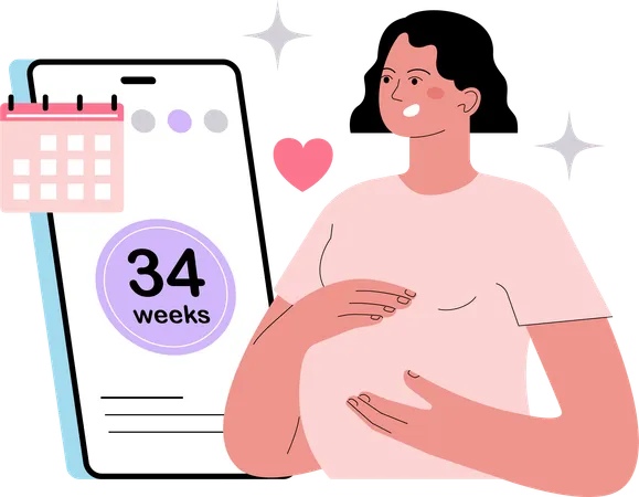 Mujer embarazada que utiliza la aplicación de seguimiento de embarazo  Ilustración