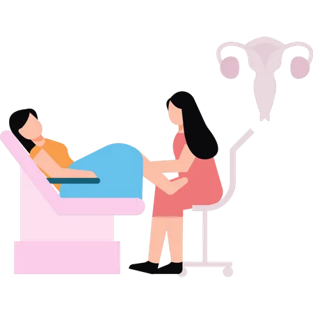 Mujer embarazada visitando al ginecólogo para un chequeo.  Ilustración