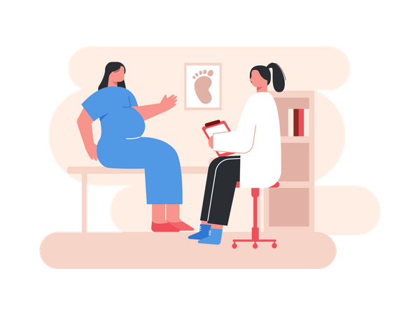 Mujer embarazada visitando al médico  Ilustración