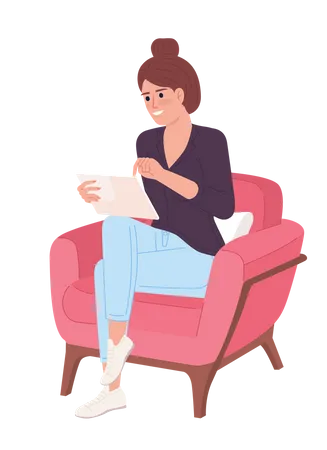 Mujer emocionada con tableta personal en silla  Ilustración