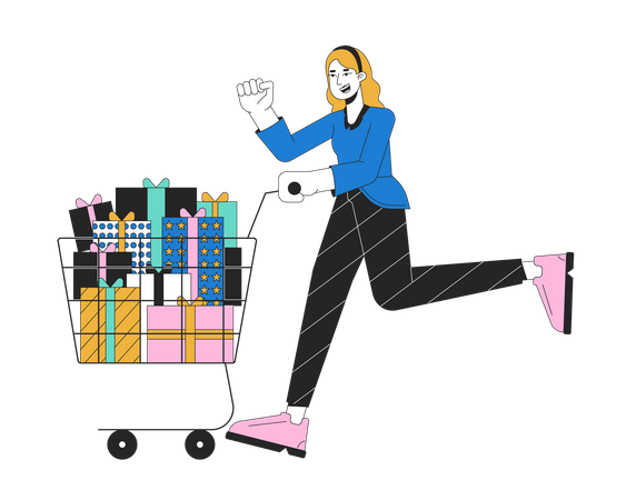 Mujer emocionada empujando el carrito de compras  Ilustración