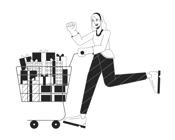 Mujer emocionada empujando el carrito de compras  Ilustración