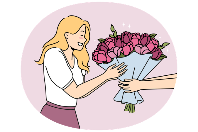 Mujer emocionada recibe flores para su cumpleaños  Ilustración