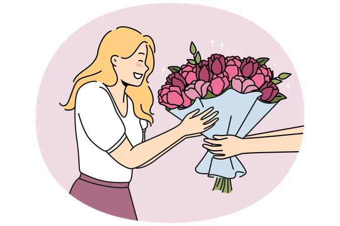 Mujer emocionada recibe flores para su cumpleaños  Ilustración