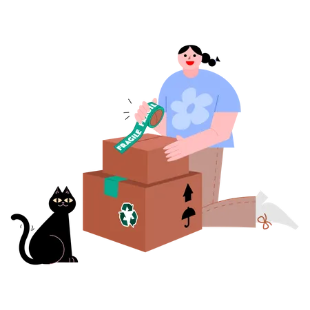 Mujer empacando cajas con gato negro  Ilustración