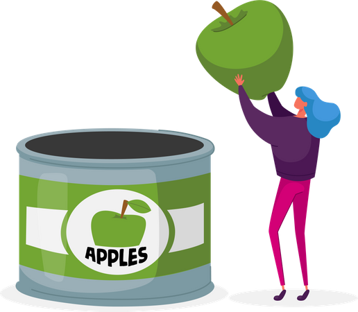 Mujer empacando manzanas frescas en lata  Ilustración