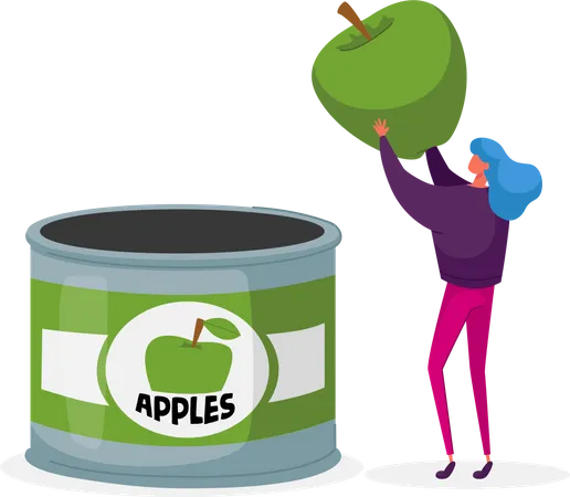 Mujer empacando manzanas frescas en lata  Ilustración