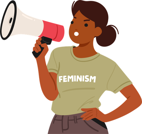 Mujer empoderada usa megáfono para defender el feminismo y la igualdad  Ilustración