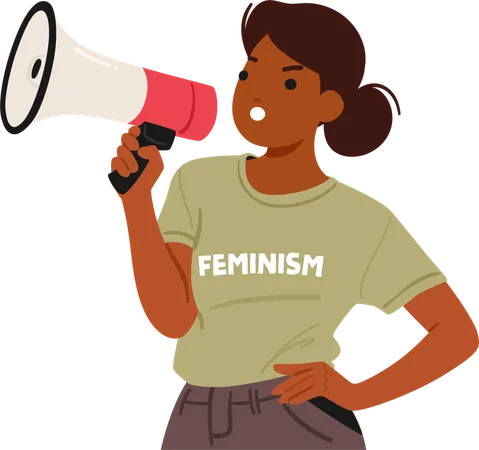 Mujer empoderada usa megáfono para defender el feminismo y la igualdad  Ilustración