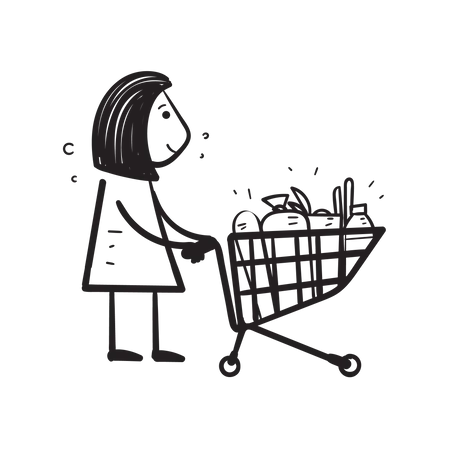 Mujer empujando carrito de compras  Ilustración