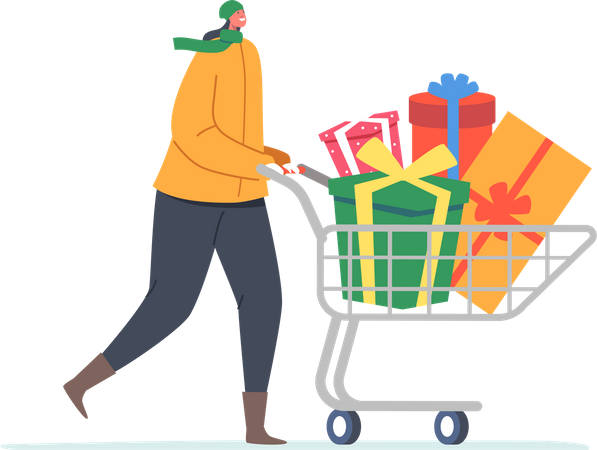 Mujer empujar carrito de compras con cajas de regalo  Ilustración