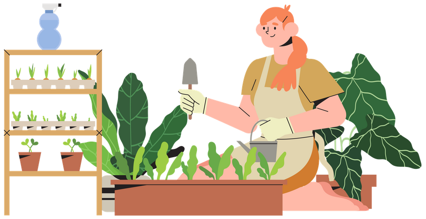 Mujer en el balcón cultivando plantas  Ilustración
