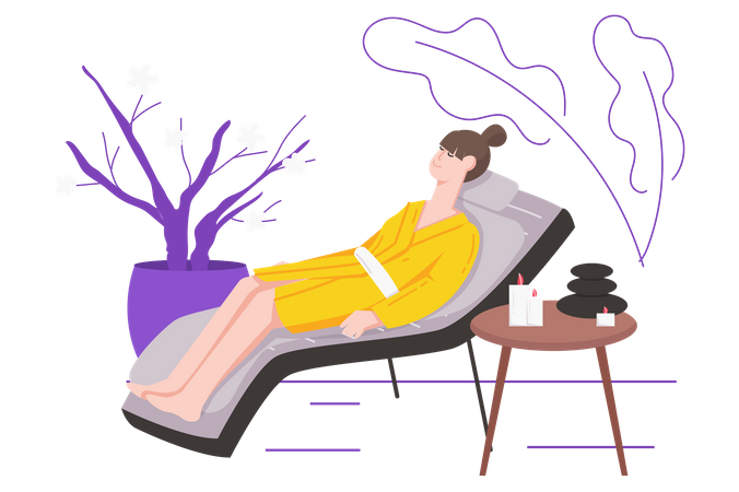 Una mujer en bata de baño disfruta de la aromaterapia mientras está acostada en el sofá  Ilustración