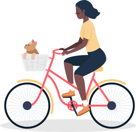 Mujer en bicicleta con perro en canasta  Ilustración