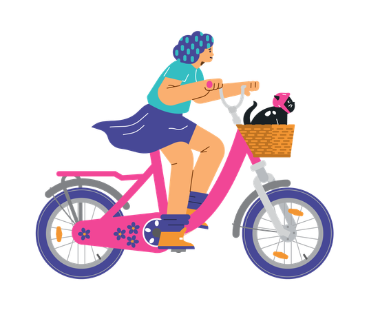 Mujer montando bicicleta con gato en cesta  Ilustración