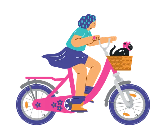 Mujer montando bicicleta con gato en cesta  Ilustración
