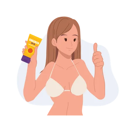 Mujer en bikini mostrando crema de protección solar y pulgares hacia arriba  Ilustración