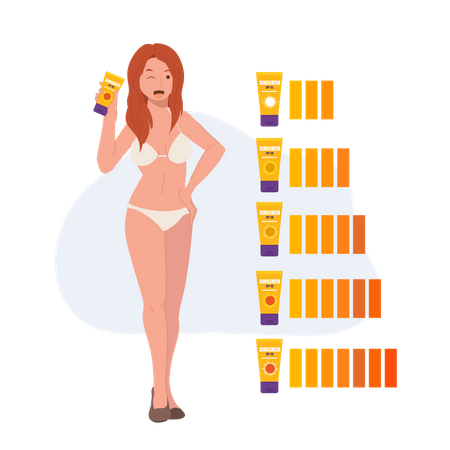 Mujer en bikini mostrando crema de protección solar  Ilustración