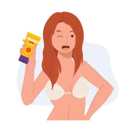 Mujer en bikini mostrando producto de protección solar  Ilustración