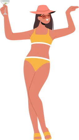 Mujer en Bikini sosteniendo vaso con cóctel  Ilustración