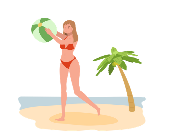 Mujer en bikini sosteniendo una pelota de playa en la playa  Ilustración