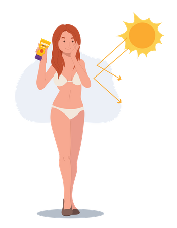 Mujer en bikini usando bloqueador solar para evitar quemaduras solares  Ilustración