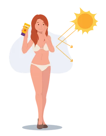 Mujer en bikini usando bloqueador solar para evitar quemaduras solares  Ilustración
