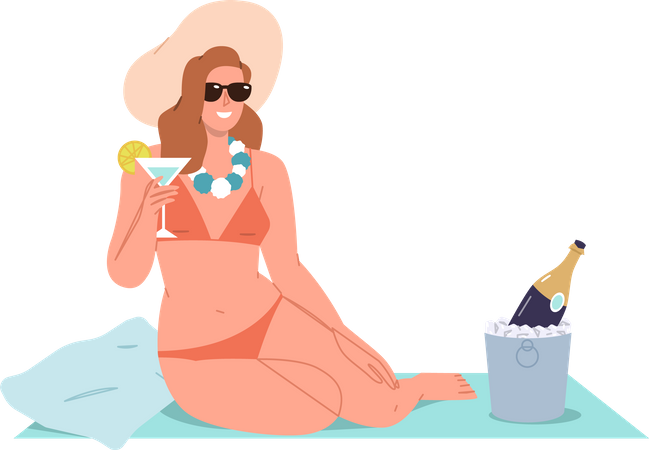 Mujer vistiendo bikini y bebiendo alcohol  Ilustración