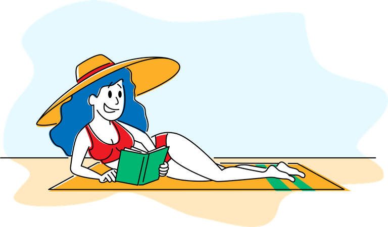 Mujer en bikini y sombrero tropical tumbada en la playa de arena lee un libro interesante  Ilustración