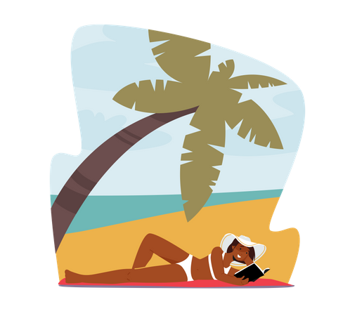 Mujer En Bikini Y Sombrero Tropical Acostada En La Playa De Arena Libro De Lectura  Ilustración
