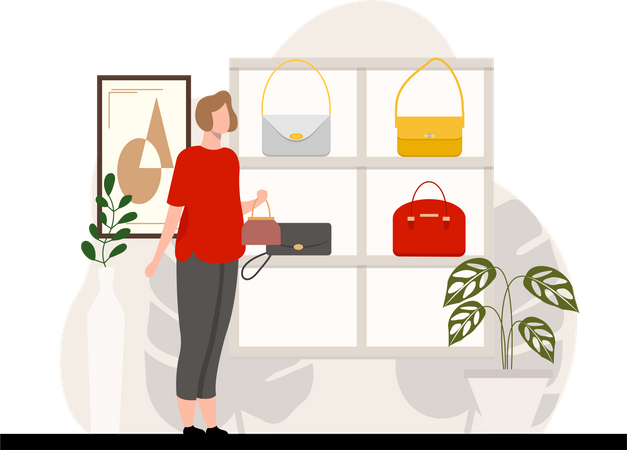 Mujer en tienda de bolsos  Ilustración