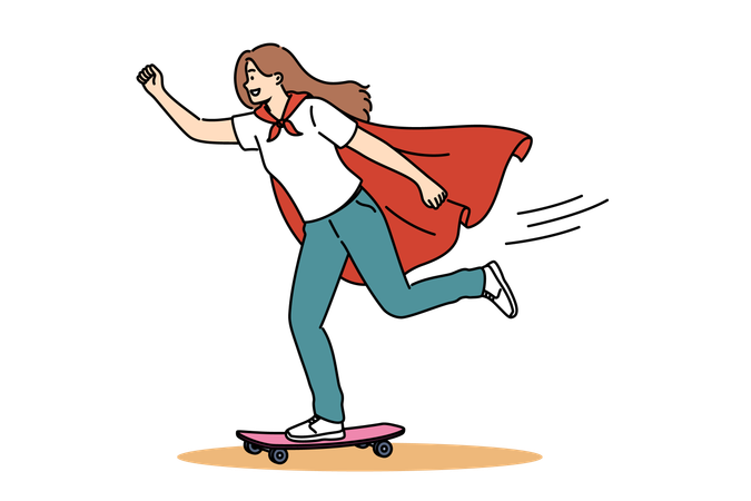 Mujer con capa de superhéroe usa patineta para moverse por la ciudad y llegar a personas que necesitan ayuda  Ilustración