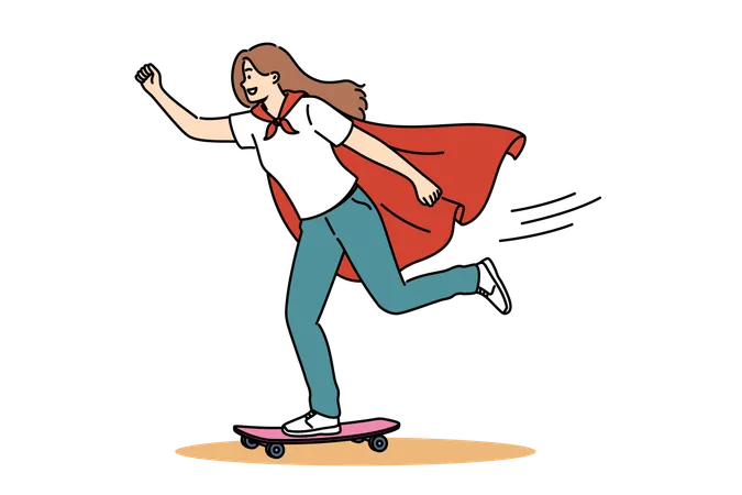 Mujer con capa de superhéroe usa patineta para moverse por la ciudad y llegar a personas que necesitan ayuda  Ilustración