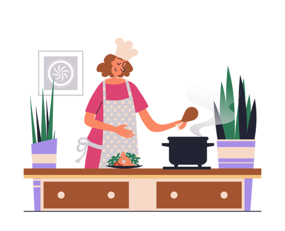 Mujer en delantal preparando comida casera en utensilios según recetas en la cocina  Ilustración