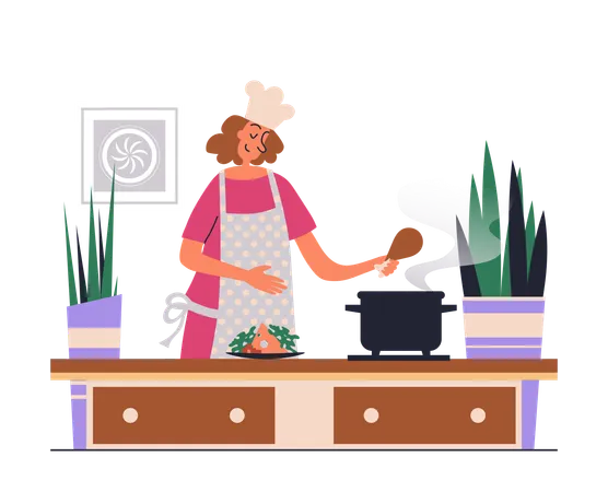 Mujer en delantal preparando comida casera en utensilios según recetas en la cocina  Ilustración